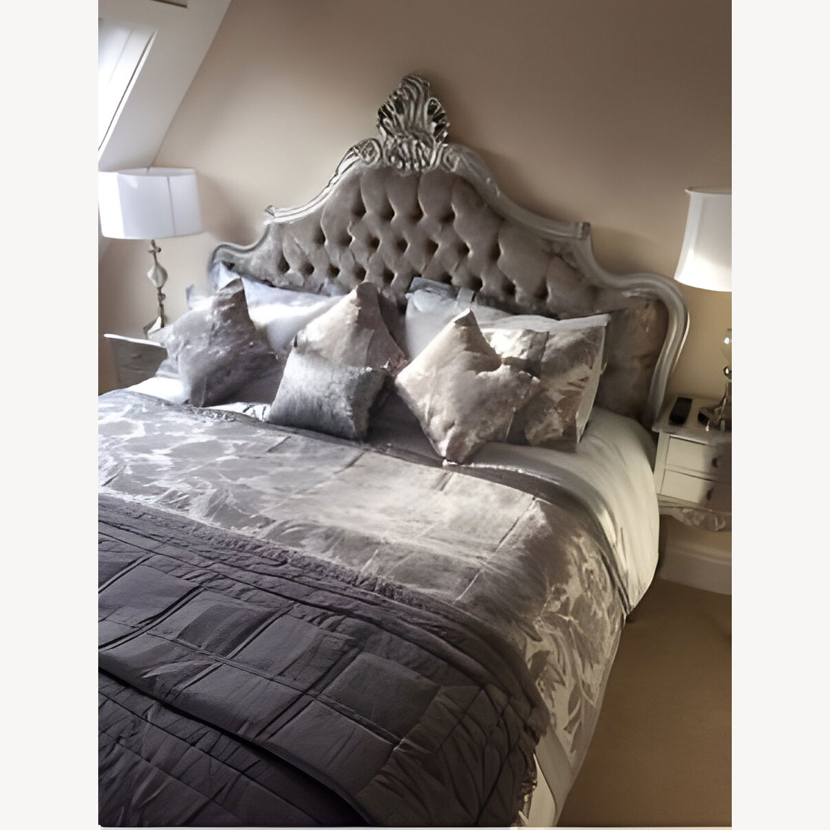 Cannes French Style Ornate Bed Frame In Silver Leaf With Silver Mercury Crushed Velvet And Crystal Buttons 8 - Hampshire Barn Interiors - Cannes French Style Ornate Bed Frame In Silver Leaf With Silver Mercury Crushed Velvet And Crystal Buttons -