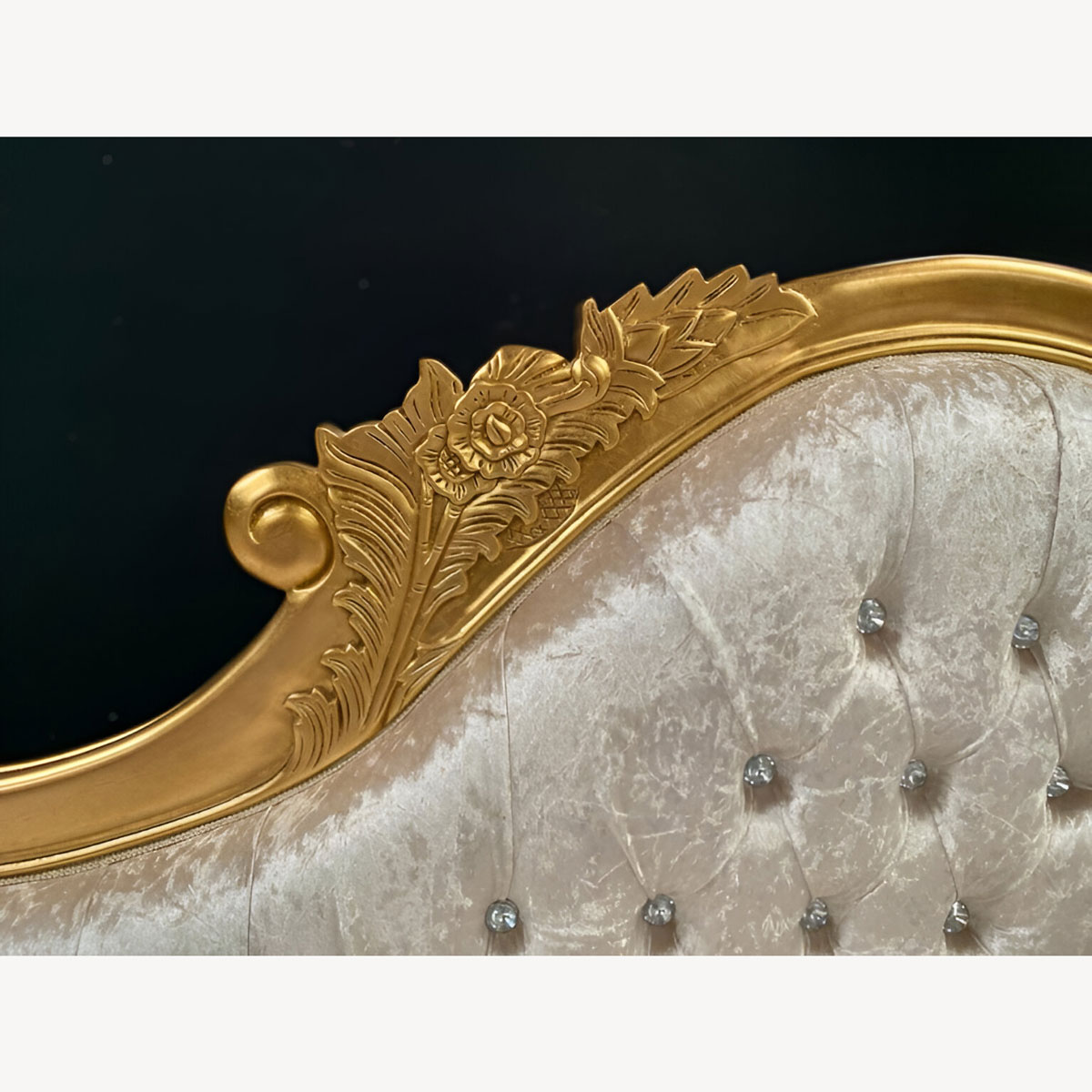 Chaise Hampshire Sofa In Gold Leaf Frame Upholstered In Ivory Cream Crushed Velvet With Crystal Buttoning 2 - Hampshire Barn Interiors - Chaise Hampshire Sofa In Gold Leaf Frame Upholstered In Ivory Cream Crushed Velvet With Crystal Buttoning -
