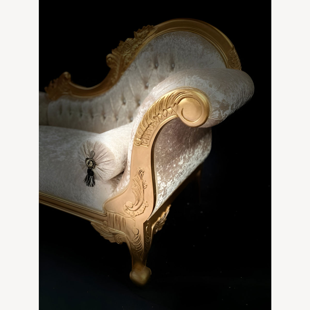 Chaise Hampshire Sofa In Gold Leaf Frame Upholstered In Ivory Cream Crushed Velvet With Crystal Buttoning 3 - Hampshire Barn Interiors - Chaise Hampshire Sofa In Gold Leaf Frame Upholstered In Ivory Cream Crushed Velvet With Crystal Buttoning -