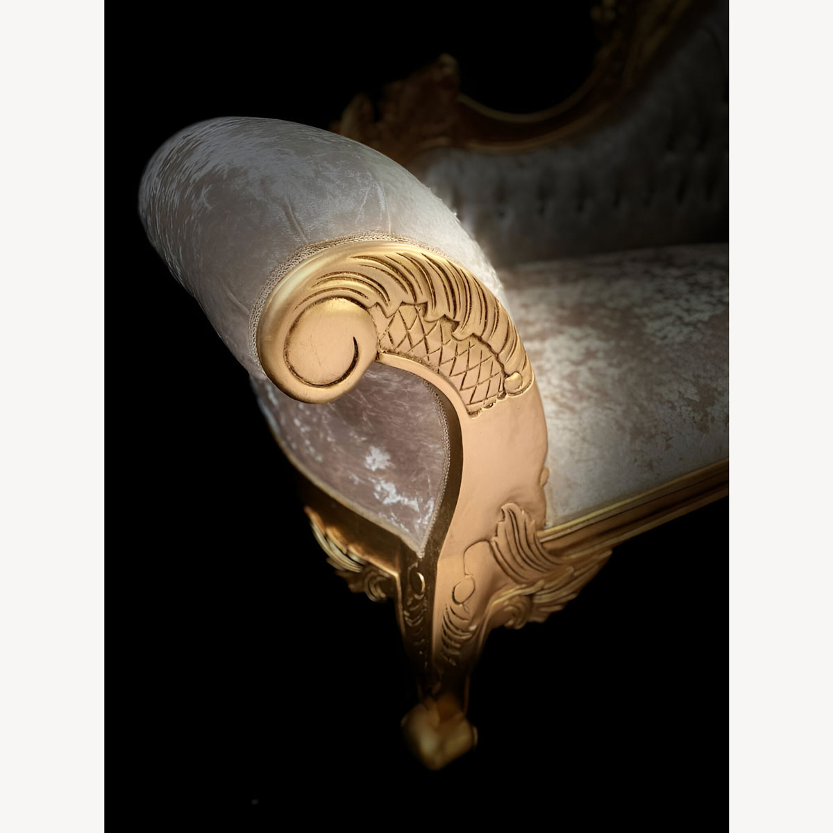 Chaise Hampshire Sofa In Gold Leaf Frame Upholstered In Ivory Cream Crushed Velvet With Crystal Buttoning 4 - Hampshire Barn Interiors - Chaise Hampshire Sofa In Gold Leaf Frame Upholstered In Ivory Cream Crushed Velvet With Crystal Buttoning -