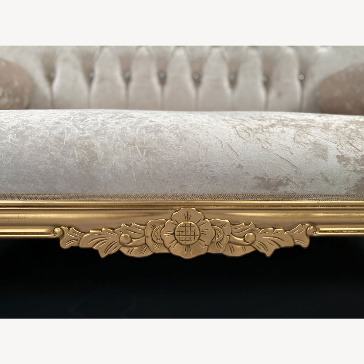 Chaise Hampshire Sofa In Gold Leaf Frame Upholstered In Ivory Cream Crushed Velvet With Crystal Buttoning 5 - Hampshire Barn Interiors - Chaise Hampshire Sofa In Gold Leaf Frame Upholstered In Ivory Cream Crushed Velvet With Crystal Buttoning -