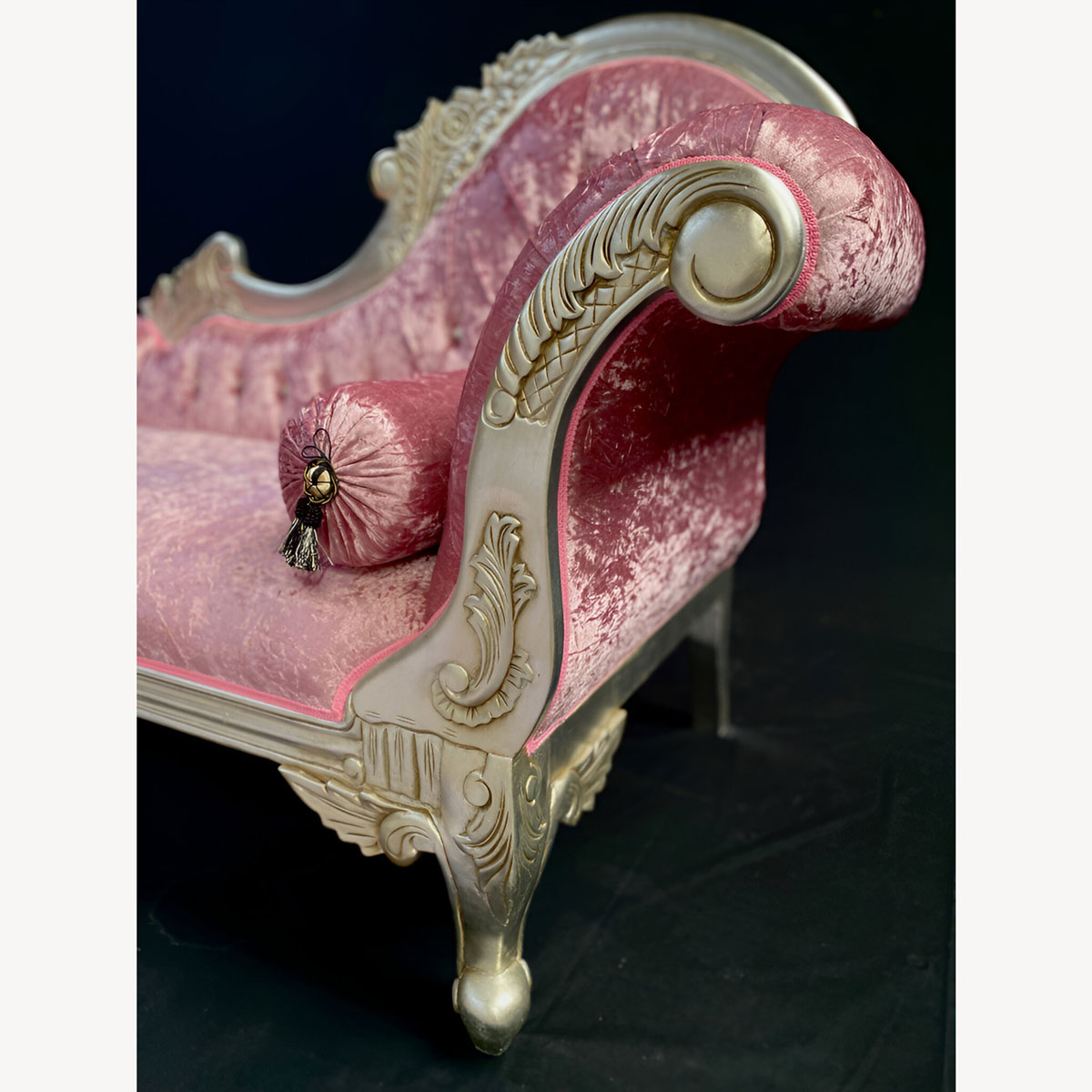Chaise Hampshire Sofa In Silver Leaf Frame Upholstered In Baby Pink Crushed Velvet With Crystal Buttoning 2 - Hampshire Barn Interiors - Chaise Hampshire Sofa In Silver Leaf Frame Upholstered In Baby Pink Crushed Velvet With Crystal Buttoning -