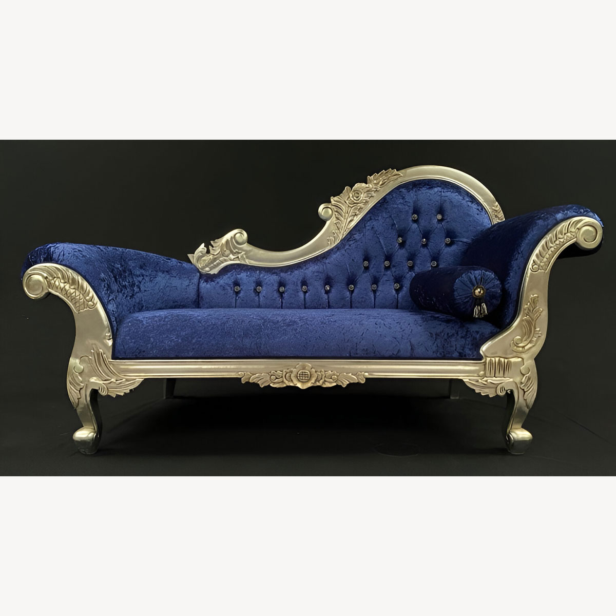 Chaise Hampshire Sofa In Silver Leaf Frame Upholstered In Blue Crushed Velvet With Crystal Buttoning 1 - Hampshire Barn Interiors - Chaise Hampshire Sofa In Silver Leaf Frame Upholstered In Blue Crushed Velvet With Crystal Buttoning -