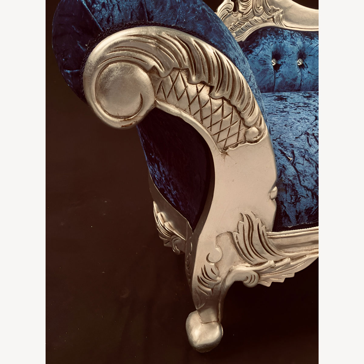 Chaise Hampshire Sofa In Silver Leaf Frame Upholstered In Blue Crushed Velvet With Crystal Buttoning 2 - Hampshire Barn Interiors - Chaise Hampshire Sofa In Silver Leaf Frame Upholstered In Blue Crushed Velvet With Crystal Buttoning -