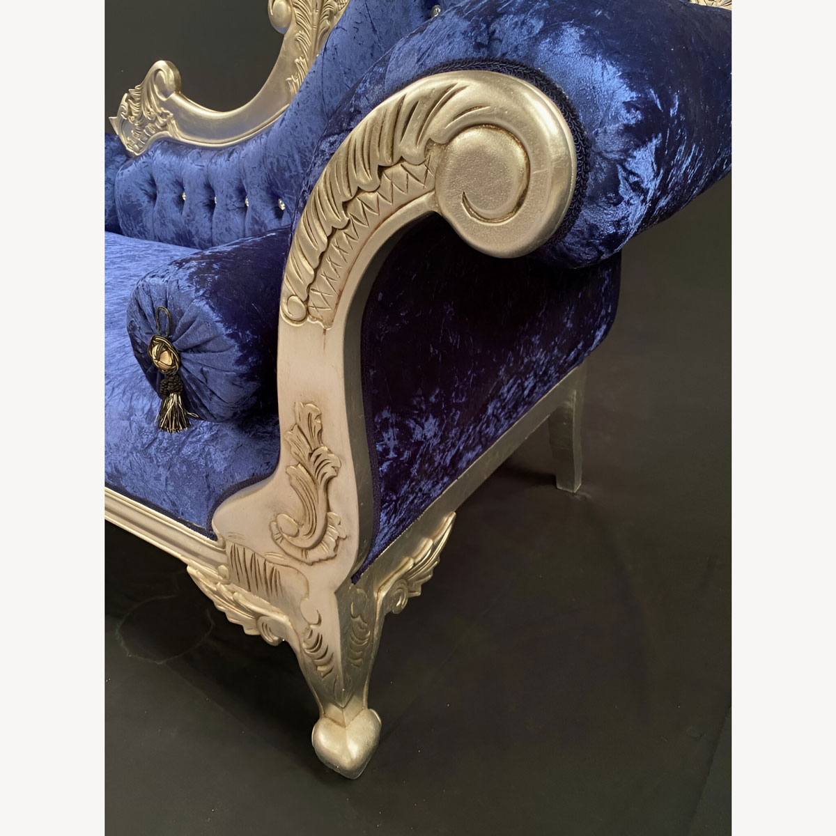 Chaise Hampshire Sofa In Silver Leaf Frame Upholstered In Blue Crushed Velvet With Crystal Buttoning 3 - Hampshire Barn Interiors - Chaise Hampshire Sofa In Silver Leaf Frame Upholstered In Blue Crushed Velvet With Crystal Buttoning -