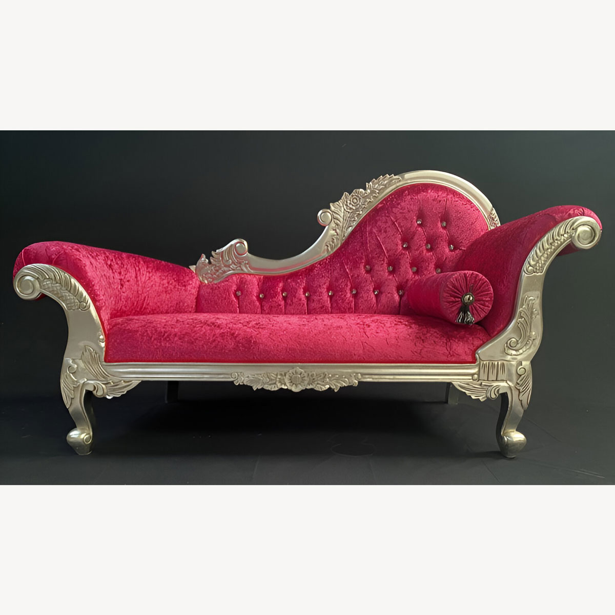 Chaise Hampshire Sofa In Silver Leaf Frame Upholstered In Fuchsia Pink Crushed Velvet With Crystal Buttoning 1 - Hampshire Barn Interiors - Chaise Hampshire Sofa In Silver Leaf Frame Upholstered In Fuchsia Pink Crushed Velvet With Crystal Buttoning -