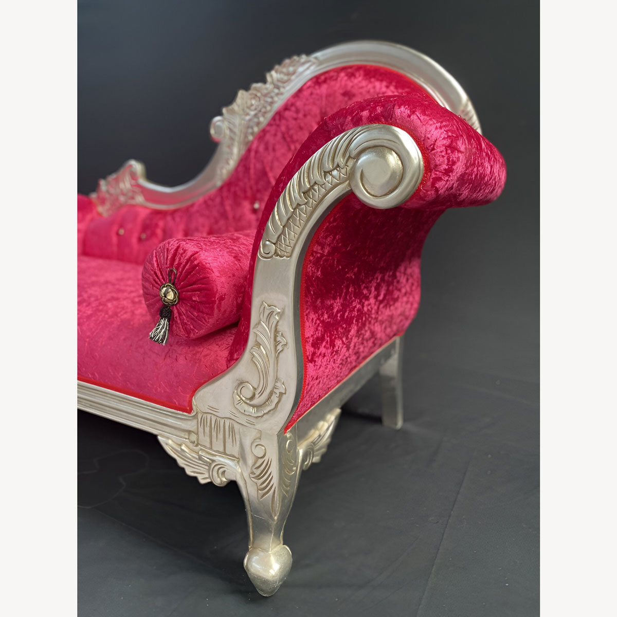 Chaise Hampshire Sofa In Silver Leaf Frame Upholstered In Fuchsia Pink Crushed Velvet With Crystal Buttoning 2 - Hampshire Barn Interiors - Chaise Hampshire Sofa In Silver Leaf Frame Upholstered In Fuchsia Pink Crushed Velvet With Crystal Buttoning -