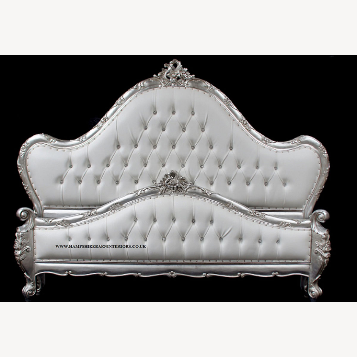 Charles French Louis Style Bed In Silver Leaf And Upholstered In A White Faux Leather Fabric Crystal Buttons 1 - Hampshire Barn Interiors - Charles French Louis Style Bed In Silver Leaf And Upholstered In A White Faux Leather Fabric Crystal Buttons -