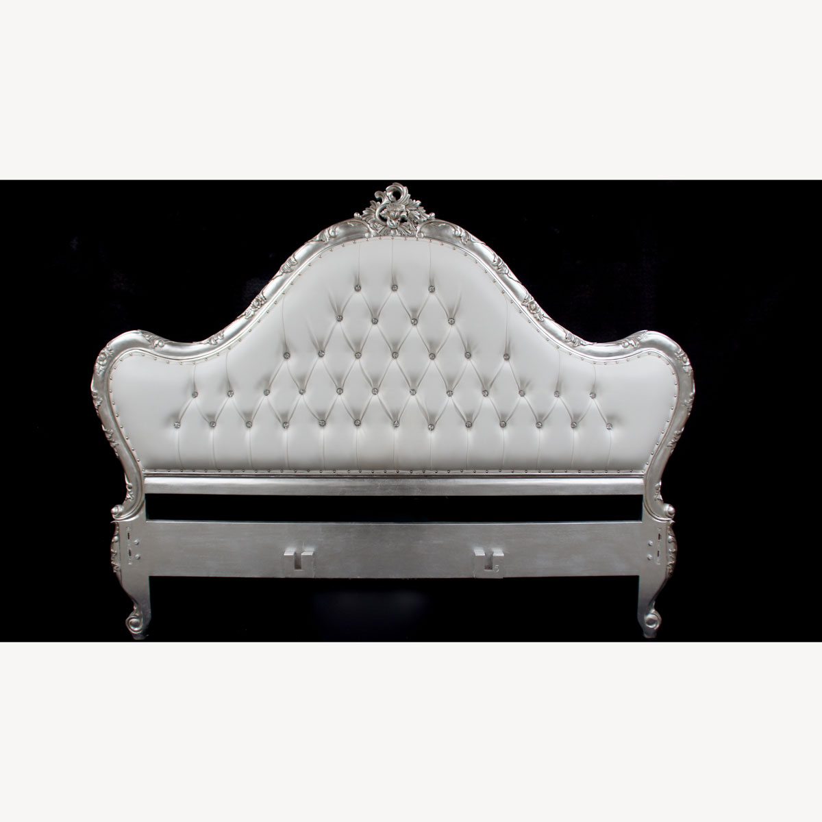 Charles French Louis Style Bed In Silver Leaf And Upholstered In A White Faux Leather Fabric Crystal Buttons 2 - Hampshire Barn Interiors - Charles French Louis Style Bed In Silver Leaf And Upholstered In A White Faux Leather Fabric Crystal Buttons -
