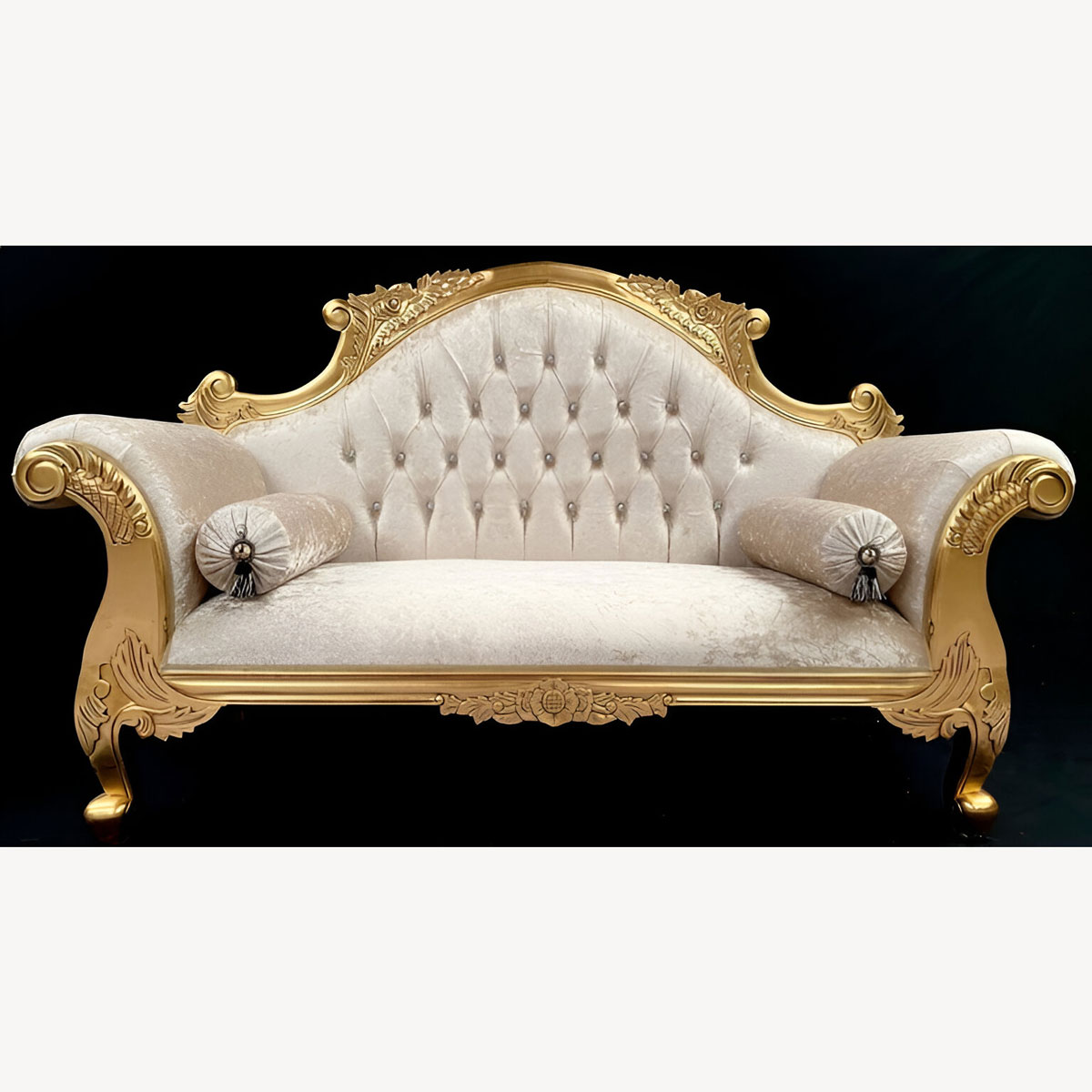 Charles Louis Cuddler Love Seat Chaise Sofa In Gold Leaf Frame Upholstered In Ivory Cream Crushed Velvet With Crystal Buttoning 1 - Hampshire Barn Interiors - Charles Louis Cuddler Love Seat Chaise Sofa In Gold Leaf Frame Upholstered In Ivory Cream Crushed Velvet With Crystal Buttoning -