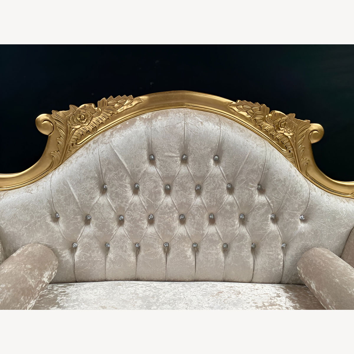 Charles Louis Cuddler Love Seat Chaise Sofa In Gold Leaf Frame Upholstered In Ivory Cream Crushed Velvet With Crystal Buttoning 2 - Hampshire Barn Interiors - Charles Louis Cuddler Love Seat Chaise Sofa In Gold Leaf Frame Upholstered In Ivory Cream Crushed Velvet With Crystal Buttoning -