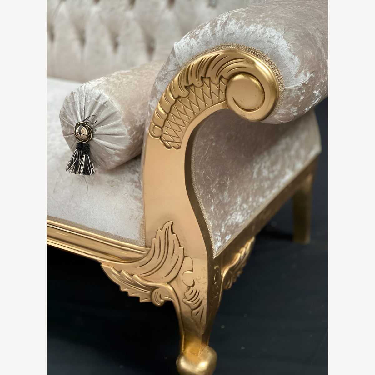 Charles Louis Cuddler Love Seat Chaise Sofa In Gold Leaf Frame Upholstered In Ivory Cream Crushed Velvet With Crystal Buttoning 4 - Hampshire Barn Interiors - Charles Louis Cuddler Love Seat Chaise Sofa In Gold Leaf Frame Upholstered In Ivory Cream Crushed Velvet With Crystal Buttoning -
