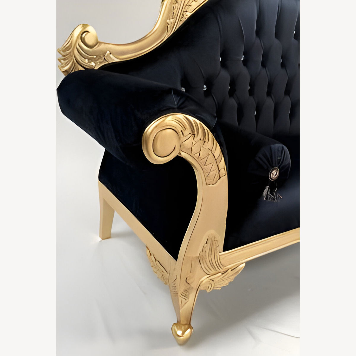 Charles Louis Cuddler Love Seat Chaise Sofa In Gold Leaf Frame With Black Velvet And Crystals 4 - Hampshire Barn Interiors - Charles Louis Cuddler Love Seat Chaise Sofa In Gold Leaf Frame With Black Velvet And Crystals -