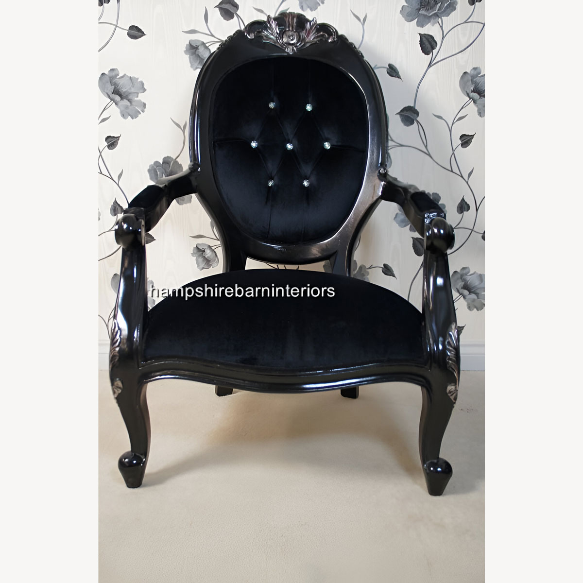 Chatsworth Arm Throne Chair In Silvered Black Finish With Crystal Buttons And Black Velvet 1 - Hampshire Barn Interiors - Chatsworth Arm Throne Chair In Silvered Black Finish With Crystal Buttons And Black Velvet -
