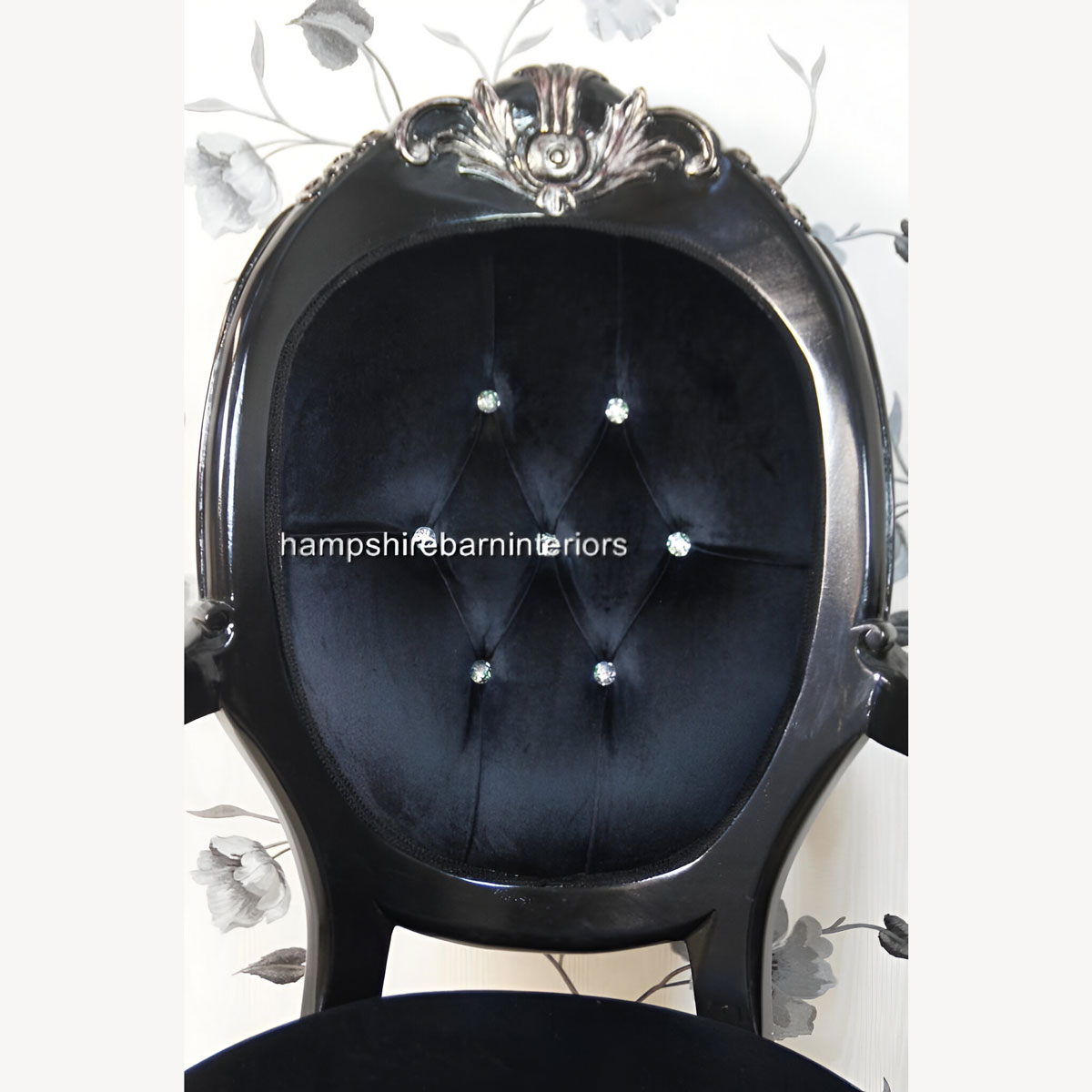 Chatsworth Arm Throne Chair In Silvered Black Finish With Crystal Buttons And Black Velvet 2 - Hampshire Barn Interiors - Chatsworth Arm Throne Chair In Silvered Black Finish With Crystal Buttons And Black Velvet -