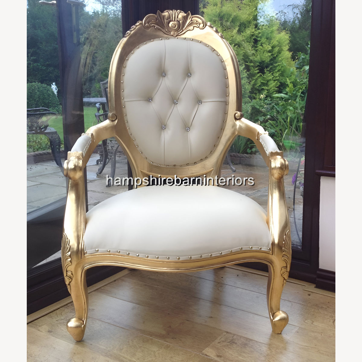 Chatsworth Chair In Gold Leaf And Cream Faux Leather Now With Diamond Crystal Buttons 1 - Hampshire Barn Interiors - Chatsworth Chair In Gold Leaf And Cream Faux Leather Now With Diamond Crystal Buttons -
