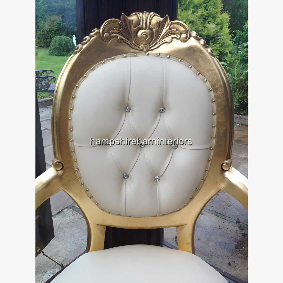 Chatsworth Chair In Gold Leaf And Cream Faux Leather Now With Diamond Crystal Buttons 3 - Hampshire Barn Interiors - Chatsworth Chair In Gold Leaf And Cream Faux Leather Now With Diamond Crystal Buttons -