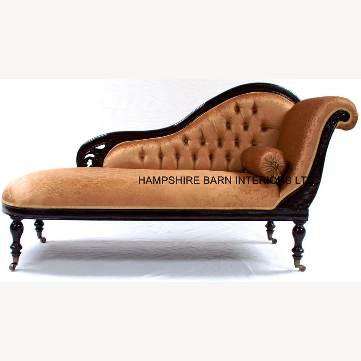 Classical Victorian Style Gold Chaise Longue With Castors With Gold Fabric 1 - Hampshire Barn Interiors - Classical Victorian Style Gold Chaise Longue With Castors With Gold Fabric -