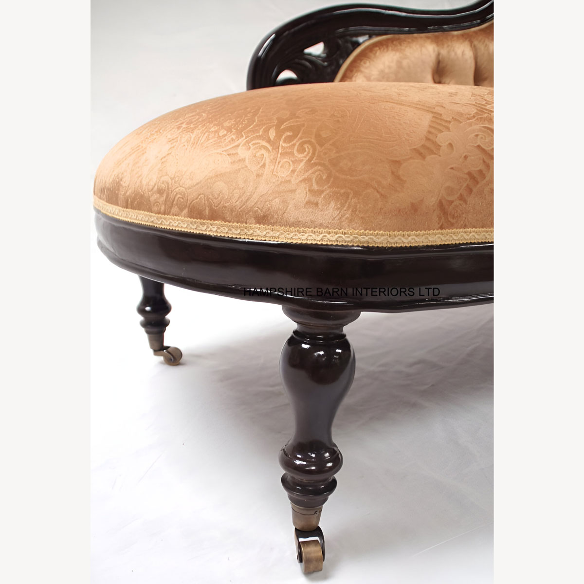 Classical Victorian Style Gold Chaise Longue With Castors With Gold Fabric 3 - Hampshire Barn Interiors - Classical Victorian Style Gold Chaise Longue With Castors With Gold Fabric -