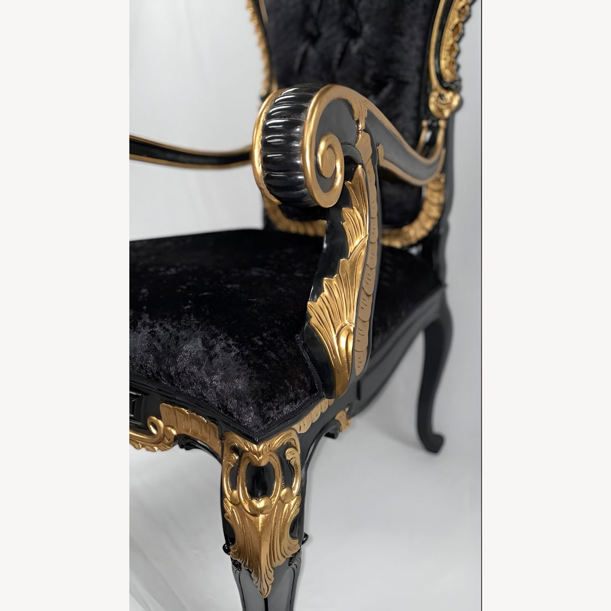 Emperor Great Large Unique Throne Chair In Black Finish With Hand Applied Gold Detailing And Upholstered In A Black Crushed Velvet 4 - Hampshire Barn Interiors - Emperor Great Large Unique Throne Chair In Black Finish With Hand Applied Gold Detailing And Upholstered In A Black Crushed Velvet -