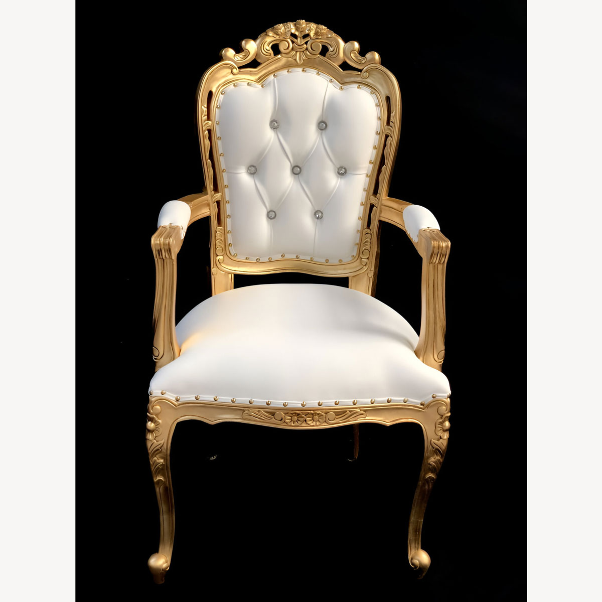 Franciscan Wedding Or Dining Chair Gold Leaf With White Faux Leather With Crystal Buttons 1 - Hampshire Barn Interiors - About Us -