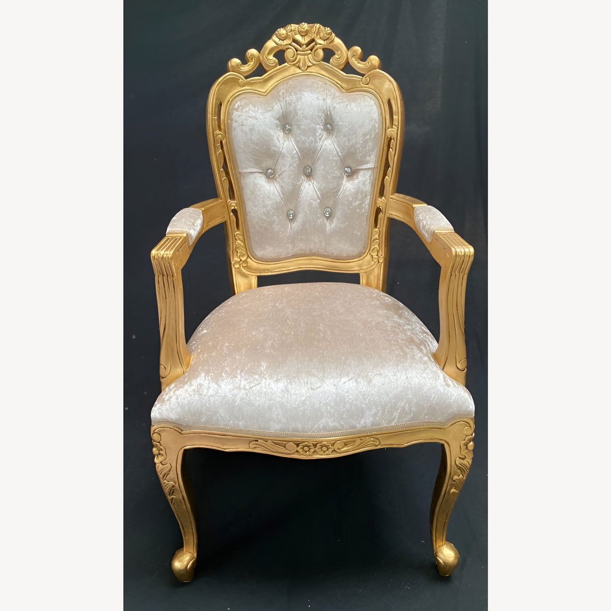 Franciscan Wedding Or Dining Chair With Arms Gold Leaf With Ivory Cream Crushed Velvet Fabric With Crystal Buttons 1 - Hampshire Barn Interiors - Franciscan Wedding Or Dining Chair With Arms Gold Leaf With Ivory Cream Crushed Velvet Fabric With Crystal Buttons -