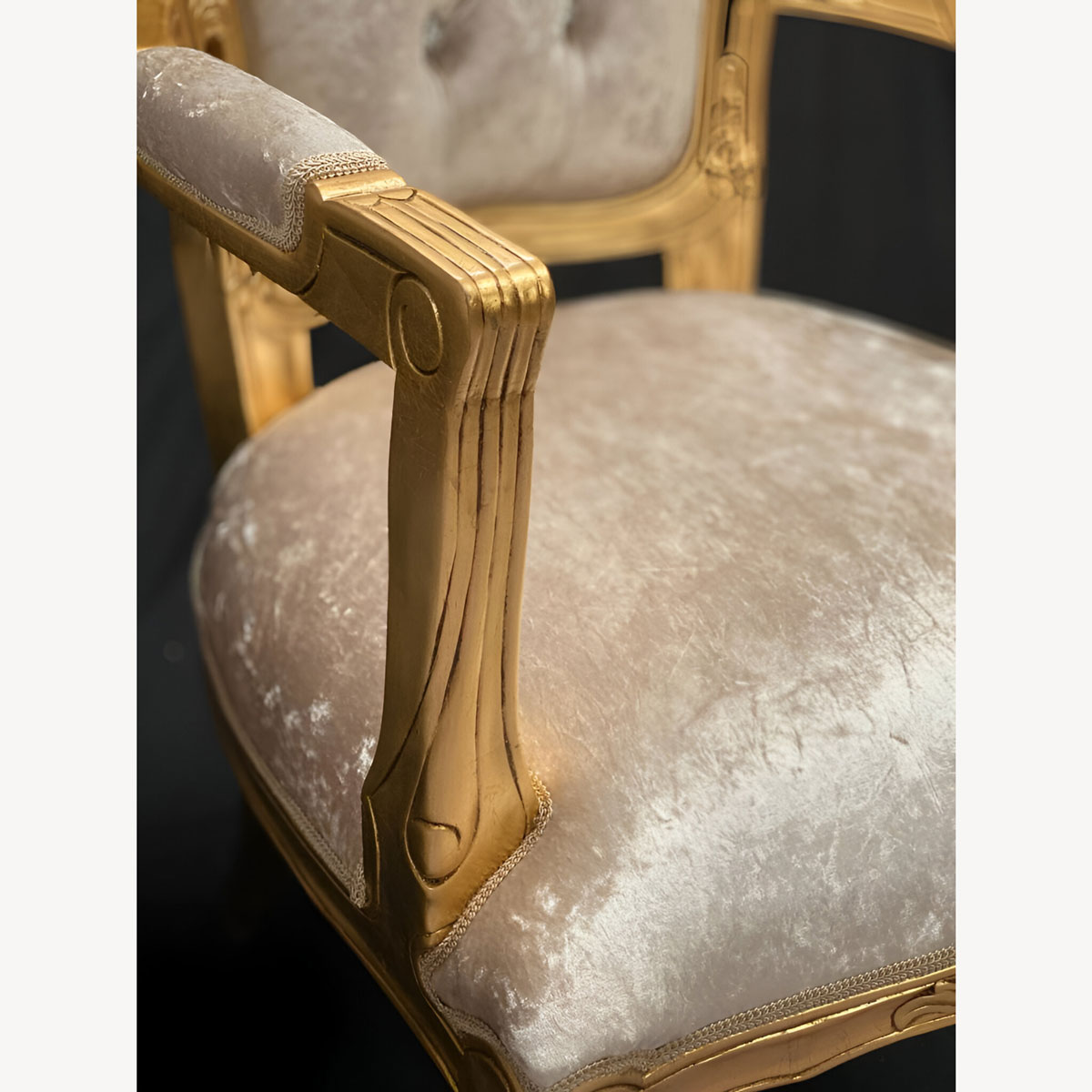 Franciscan Wedding Or Dining Chair With Arms Gold Leaf With Ivory Cream Crushed Velvet Fabric With Crystal Buttons 3 - Hampshire Barn Interiors - Franciscan Wedding Or Dining Chair With Arms Gold Leaf With Ivory Cream Crushed Velvet Fabric With Crystal Buttons -