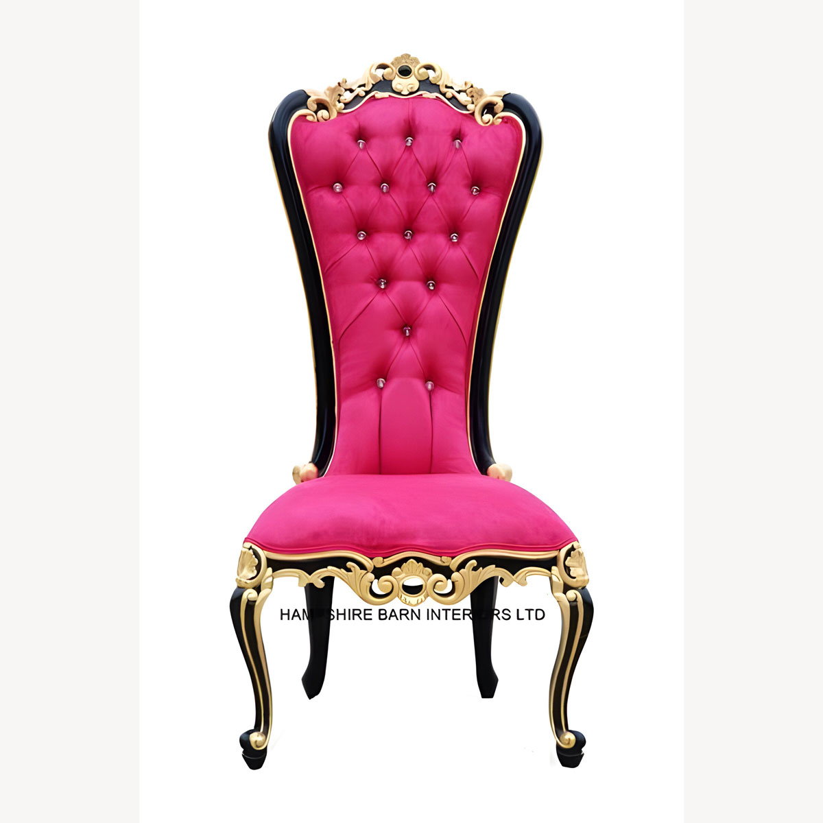 Fuchsia Pink Chair Mayfair Dining Throne Black And Gold Baroque With Crystal Buttons 1 - Hampshire Barn Interiors - Fuchsia Pink Chair Mayfair Dining Throne Black And Gold Baroque With Crystal Buttons -