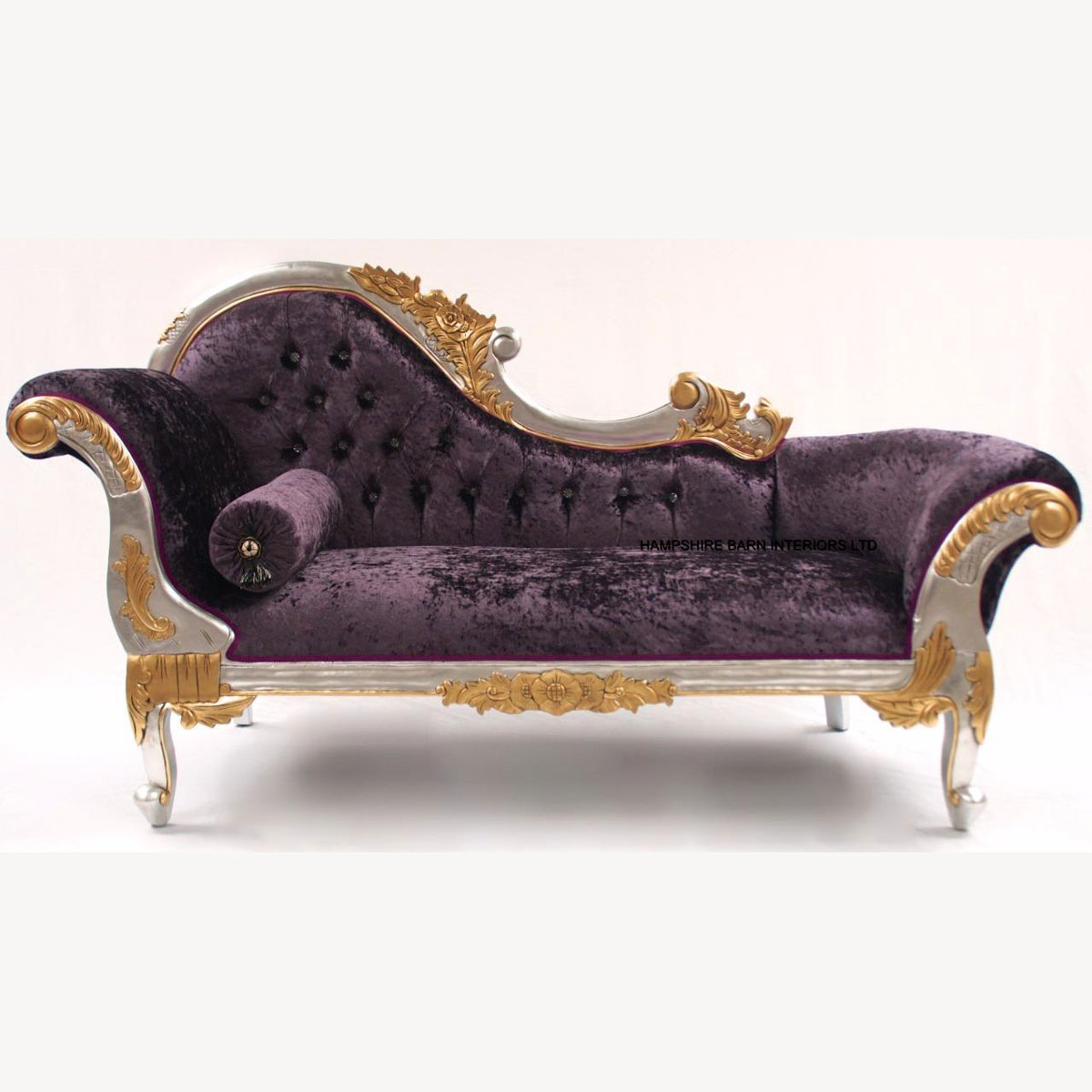 Gold And Silver Framed Hampshire Chaise With Purple Mulberry Crushed Velvet And Crystal Buttons 1 - Hampshire Barn Interiors - Gold And Silver Framed Hampshire Chaise With Purple Mulberry Crushed Velvet And Crystal Buttons -