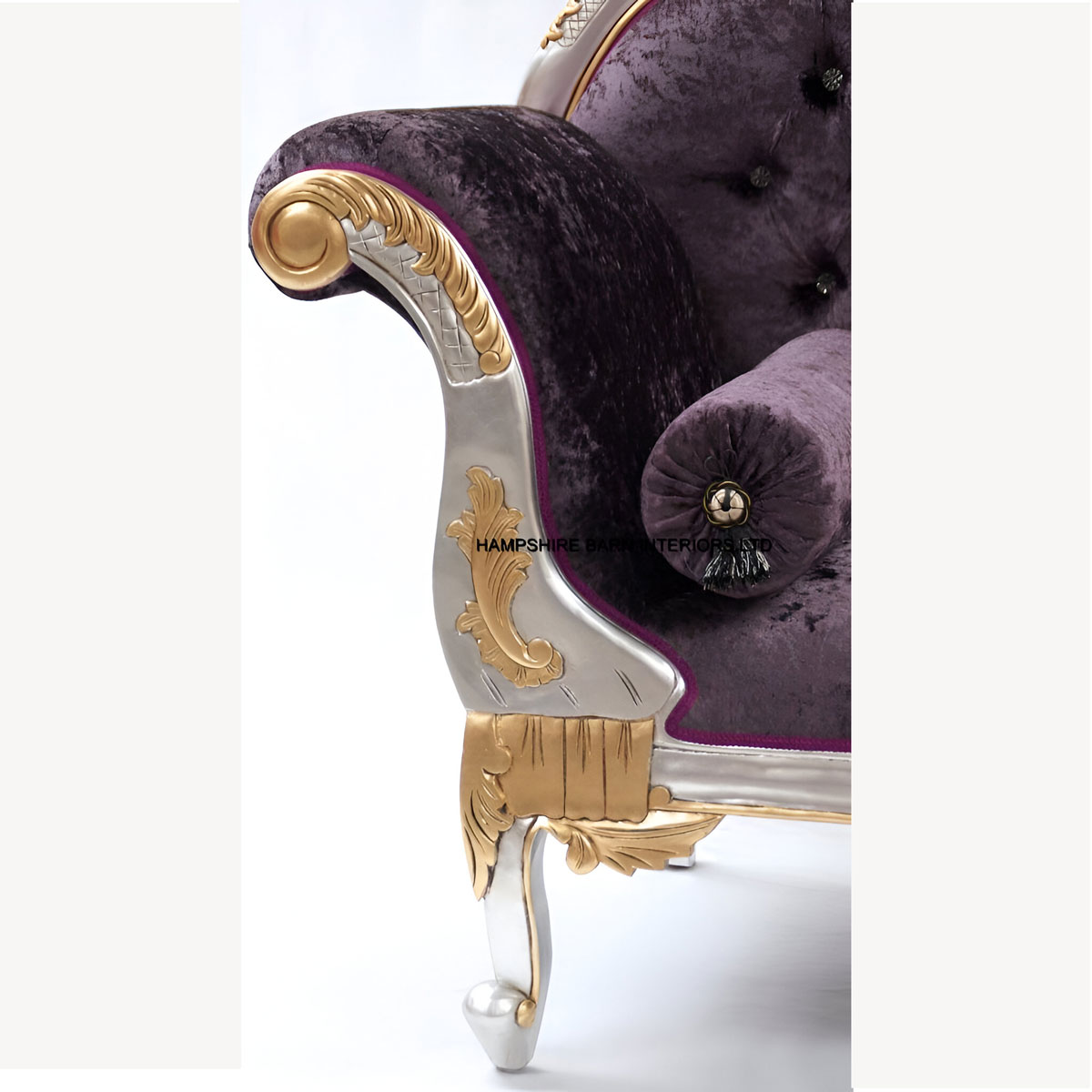 Gold And Silver Framed Hampshire Chaise With Purple Mulberry Crushed Velvet And Crystal Buttons 2 - Hampshire Barn Interiors - Gold And Silver Framed Hampshire Chaise With Purple Mulberry Crushed Velvet And Crystal Buttons -
