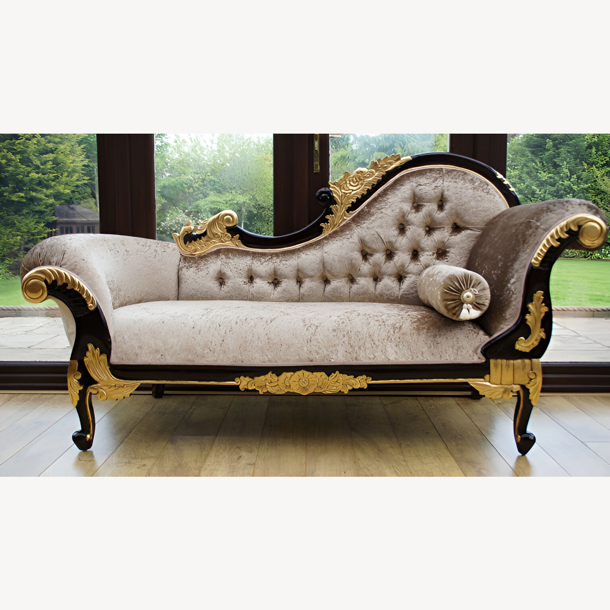 Gold Leaf And Mahogany Hampshire Chaise Medium Size Shown In A Mink Coloured Crushed Velvet 1 - Hampshire Barn Interiors - Gold Leaf And Mahogany Hampshire Chaise Medium Size Shown In A Mink Coloured Crushed Velvet -