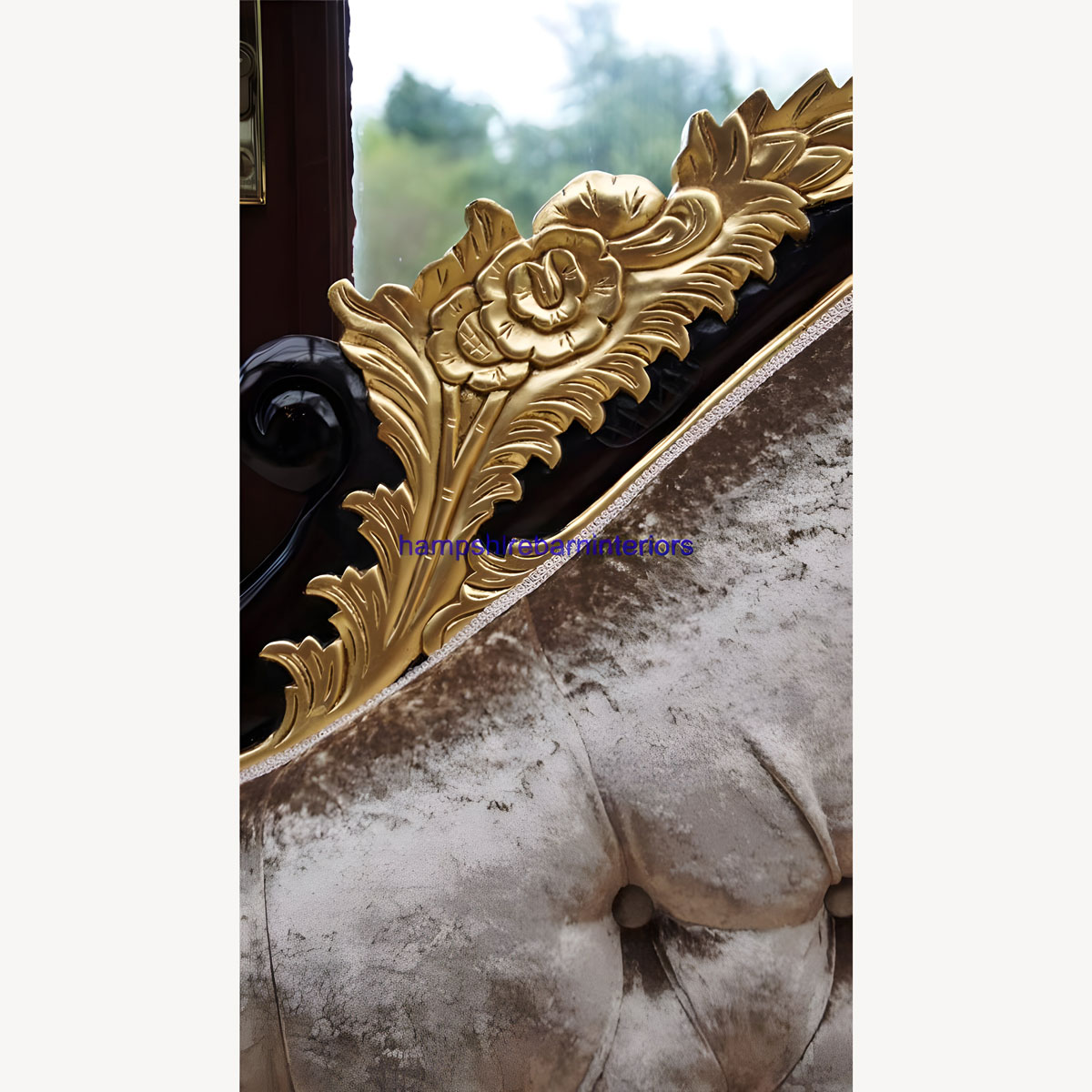 Gold Leaf And Mahogany Hampshire Chaise Medium Size Shown In A Mink Coloured Crushed Velvet 2 - Hampshire Barn Interiors - Gold Leaf And Mahogany Hampshire Chaise Medium Size Shown In A Mink Coloured Crushed Velvet -