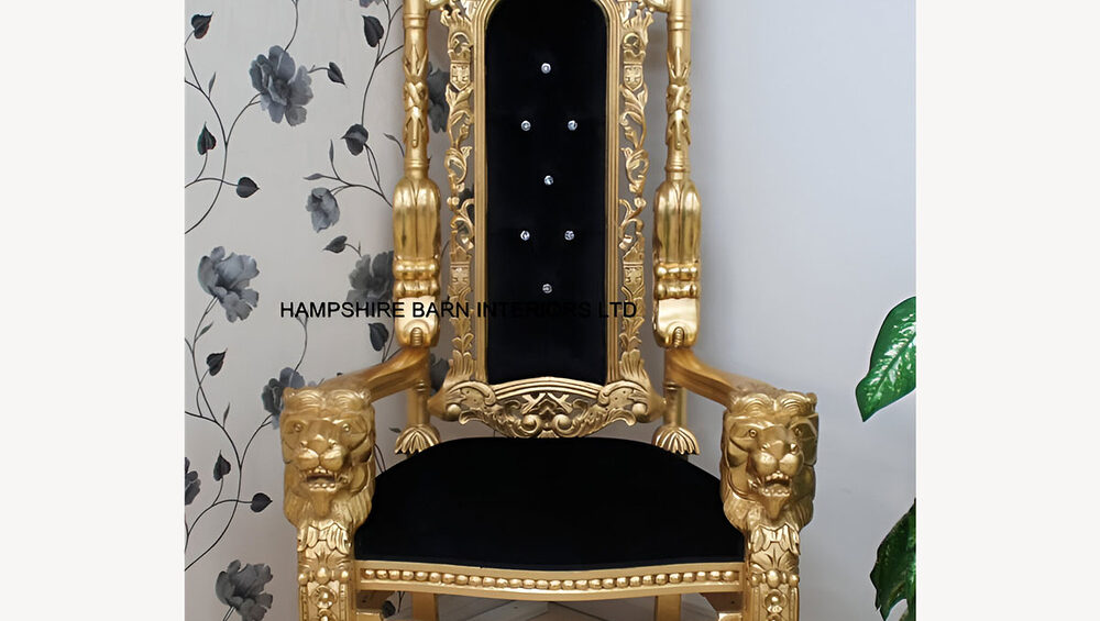 Gold Lion King Throne Chair Choice Of Fabrics With Diamond Crystal Buttons 1 - Hampshire Barn Interiors - Gold Lion King Throne Chair Choice Of Fabrics With Diamond Crystal Buttons -