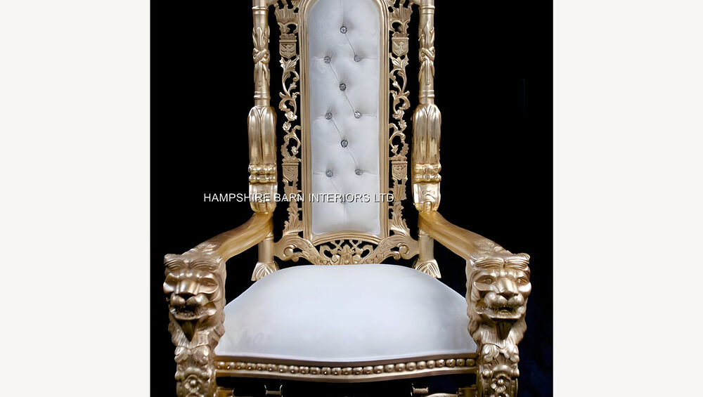 Gold Lion King Throne Chair W Ivory Cream Damask Fabric With Buttons Self Fabric 1 - Hampshire Barn Interiors - Gold Lion King Throne Chair W Ivory Cream Damask Fabric With Buttons Self Fabric -