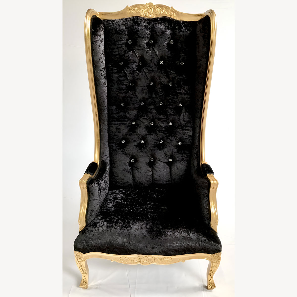 Gold Ornate High Back Porters Arm Chair In Black Crushed Velvet With Crystals 1 - Hampshire Barn Interiors - Gold Ornate High Back Porters Arm Chair In Black Crushed Velvet With Crystals -