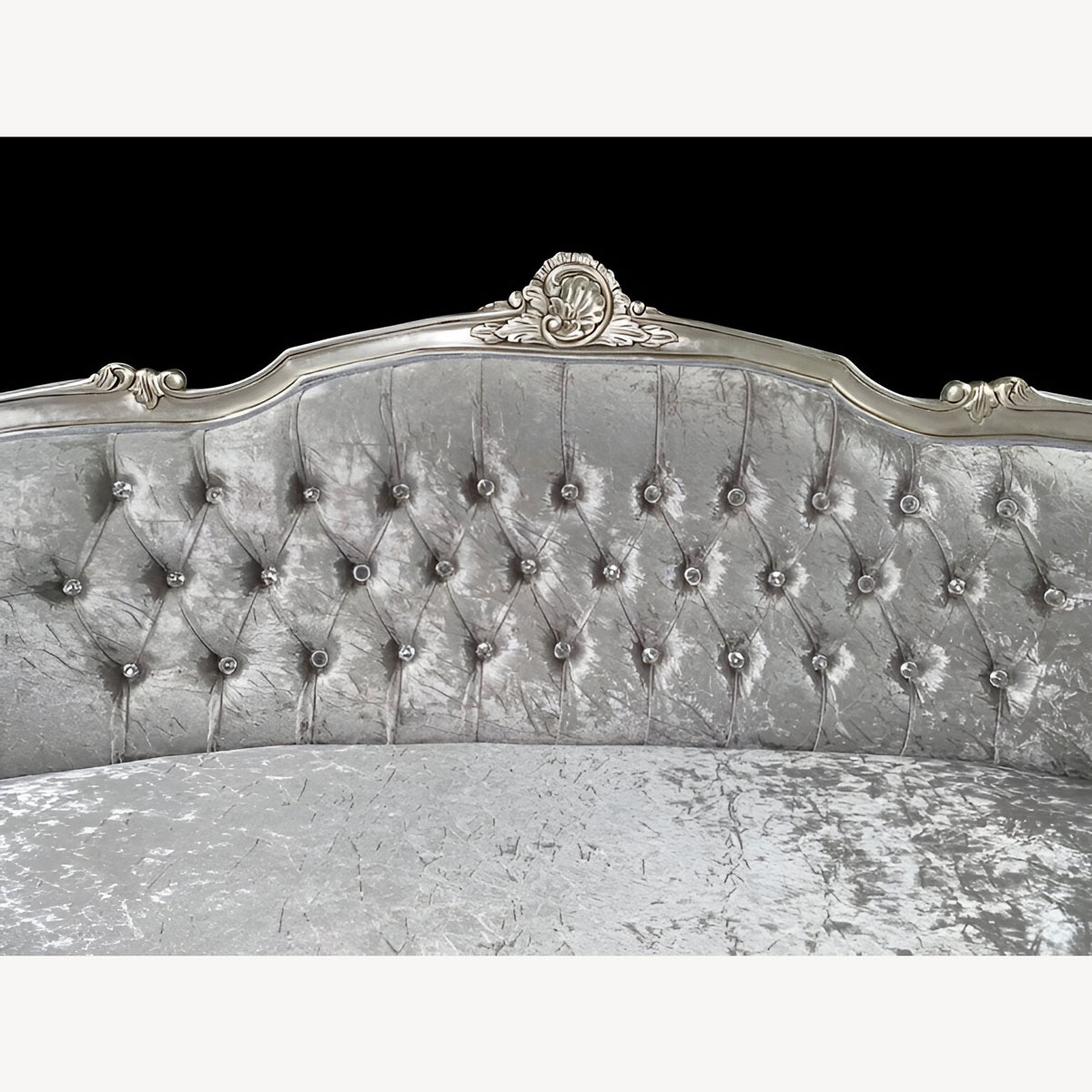 Imperial Gold Gilded Sofa 3 - Hampshire Barn Interiors - Scot Wedding Suite Silver Leaf With Silver Crushed Velvet And Crystals -