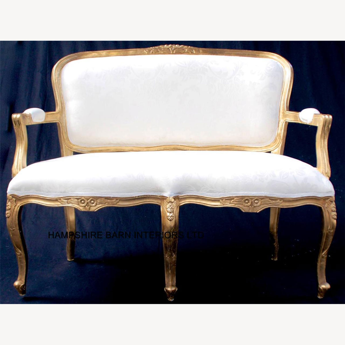 Josephine French Style Small Sofa Double Ended Chaise In Gold And Ivory Cream Damask 1 - Hampshire Barn Interiors - Josephine French Style Small Sofa / Double Ended Chaise In Gold And Ivory Cream Damask -