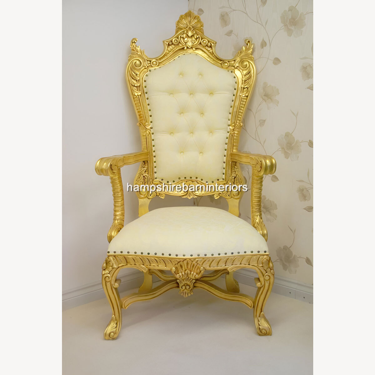Large Kings Throne Chair In Gold And Cream Fabric 1 - Hampshire Barn Interiors - Large Kings Throne Chair In Gold And Cream Fabric -