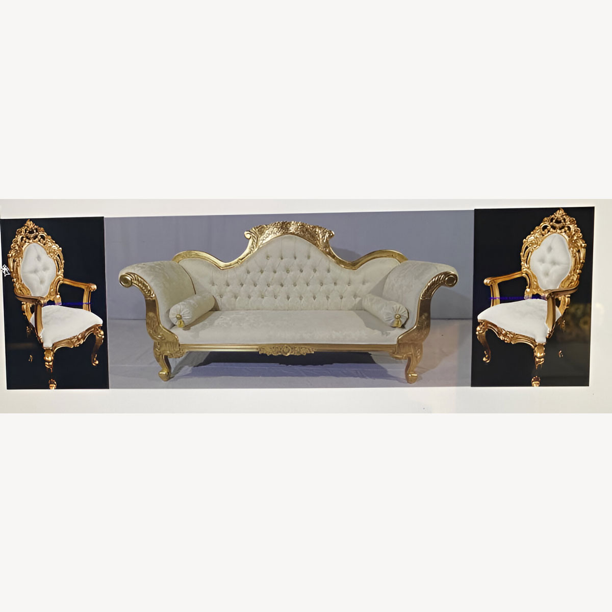 Large Mayfair Wedding Sofa In Gold Leaf Frame 3 Seater With Ivory Cream Damask With Two Matching Palace Throne Chairs Crystal Buttoning 1 - Hampshire Barn Interiors - Large Mayfair Wedding Sofa In Gold Leaf Frame 3 Seater With Ivory Cream Damask With Two Matching Palace Throne Chairs Crystal Buttoning -
