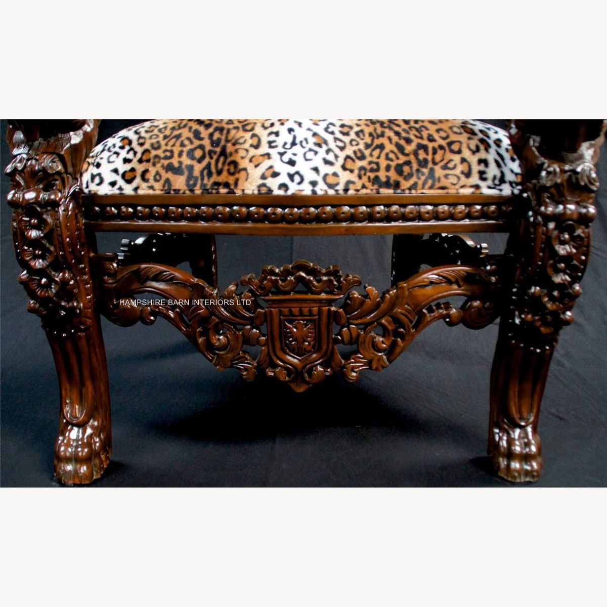 Mahogany Lion King Throne Chair With Leopard Animal Print Textured Fabric 2 - Hampshire Barn Interiors - Mahogany Lion King Throne Chair With Leopard Animal Print Textured Fabric -