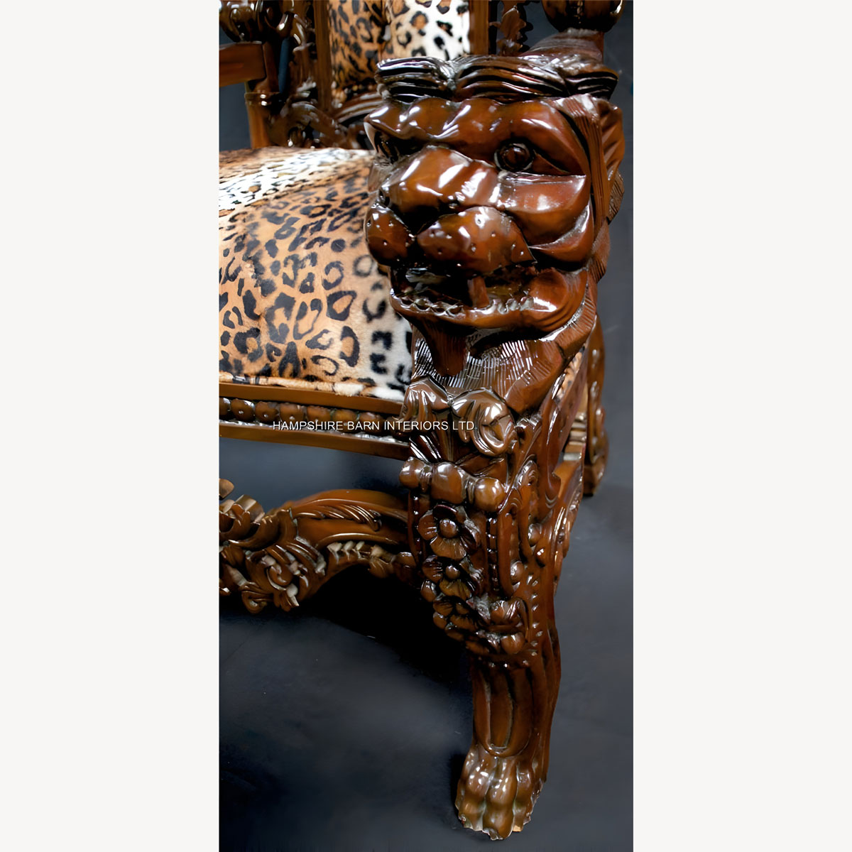 Mahogany Lion King Throne Chair With Leopard Animal Print Textured Fabric 3 - Hampshire Barn Interiors - Mahogany Lion King Throne Chair With Leopard Animal Print Textured Fabric -