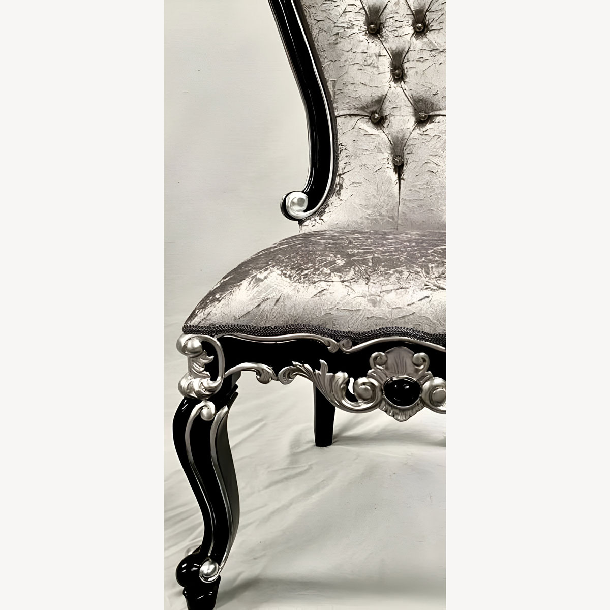 Mayfair Dining Throne Chair In Black With Silver Detailing Upholstered Silver Crushed Velvet Crystals 3 - Hampshire Barn Interiors - Mayfair Dining Throne Chair In Black With Silver Detailing Upholstered Silver Crushed Velvet Crystals -