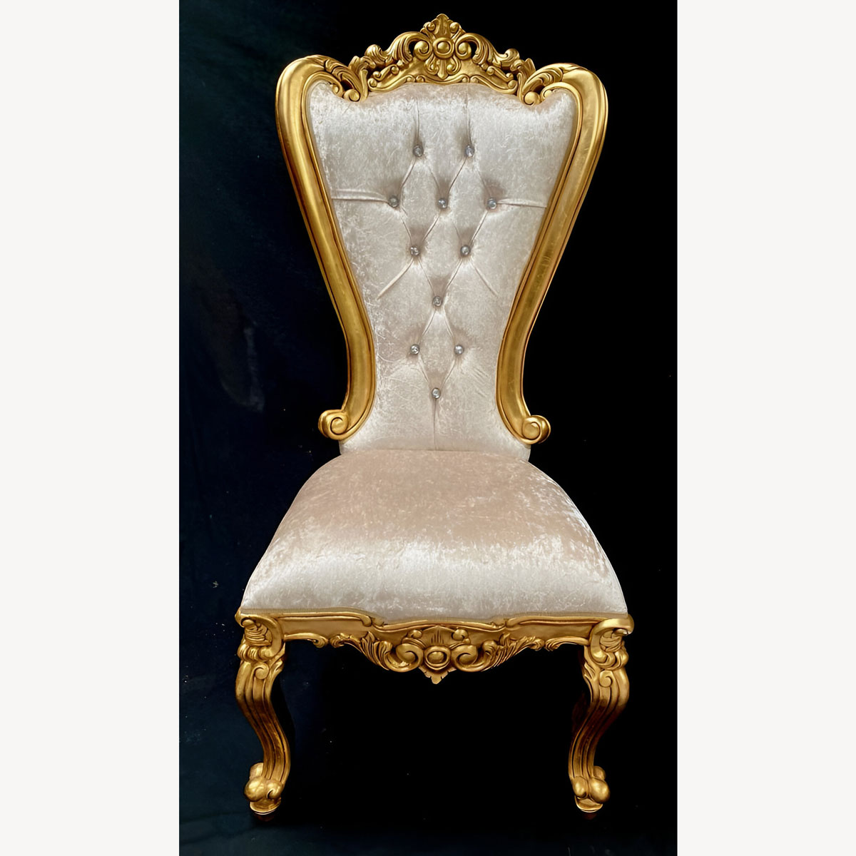 Mayfair Dining Wedding Side Throne In Gold Leaf Frame Upholstered In Ivory Cream Crushed Velvet With Crystal Buttoning 1 - Hampshire Barn Interiors - Mayfair Dining Wedding Side Throne In Gold Leaf Frame Upholstered In Ivory Cream Crushed Velvet With Crystal Buttoning -