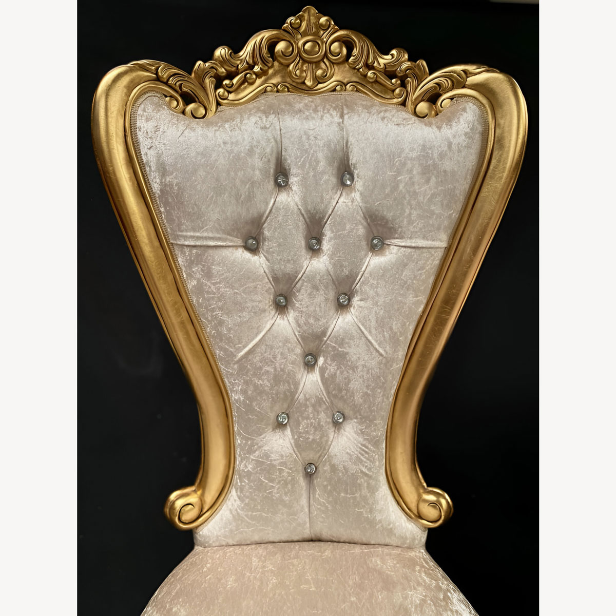 Mayfair Dining Wedding Side Throne In Gold Leaf Frame Upholstered In Ivory Cream Crushed Velvet With Crystal Buttoning 2 - Hampshire Barn Interiors - Mayfair Dining Wedding Side Throne In Gold Leaf Frame Upholstered In Ivory Cream Crushed Velvet With Crystal Buttoning -