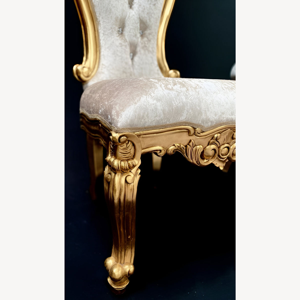 Mayfair Dining Wedding Side Throne In Gold Leaf Frame Upholstered In Ivory Cream Crushed Velvet With Crystal Buttoning 3 - Hampshire Barn Interiors - Mayfair Dining Wedding Side Throne In Gold Leaf Frame Upholstered In Ivory Cream Crushed Velvet With Crystal Buttoning -