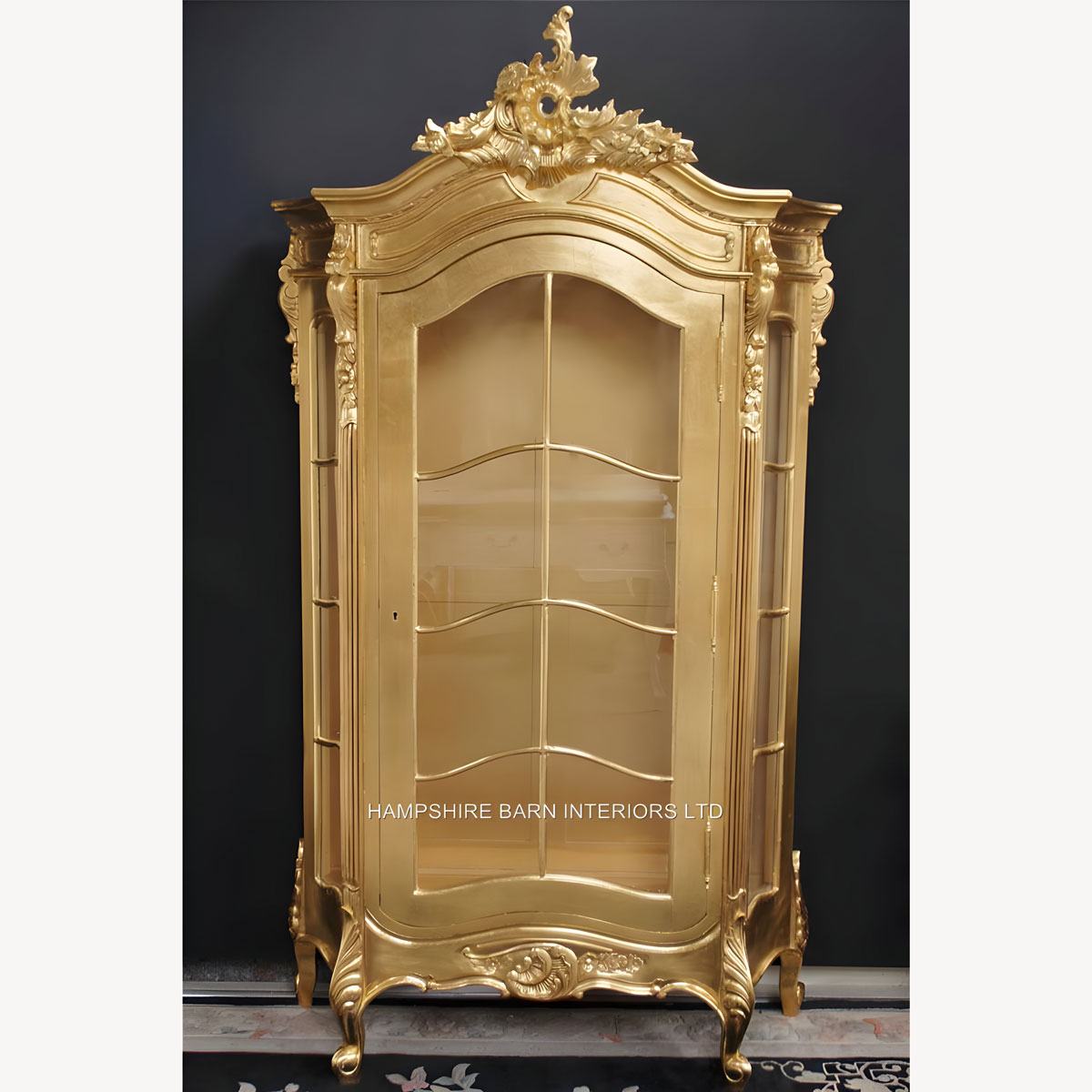 Ornate French Louis Style Carved Silver Leaf Display Cabinet Also In Antiqued Gold Leaf 2 - Hampshire Barn Interiors - Ornate French Louis Style Carved Silver Leaf Display Cabinet Also In Antiqued Gold Leaf -