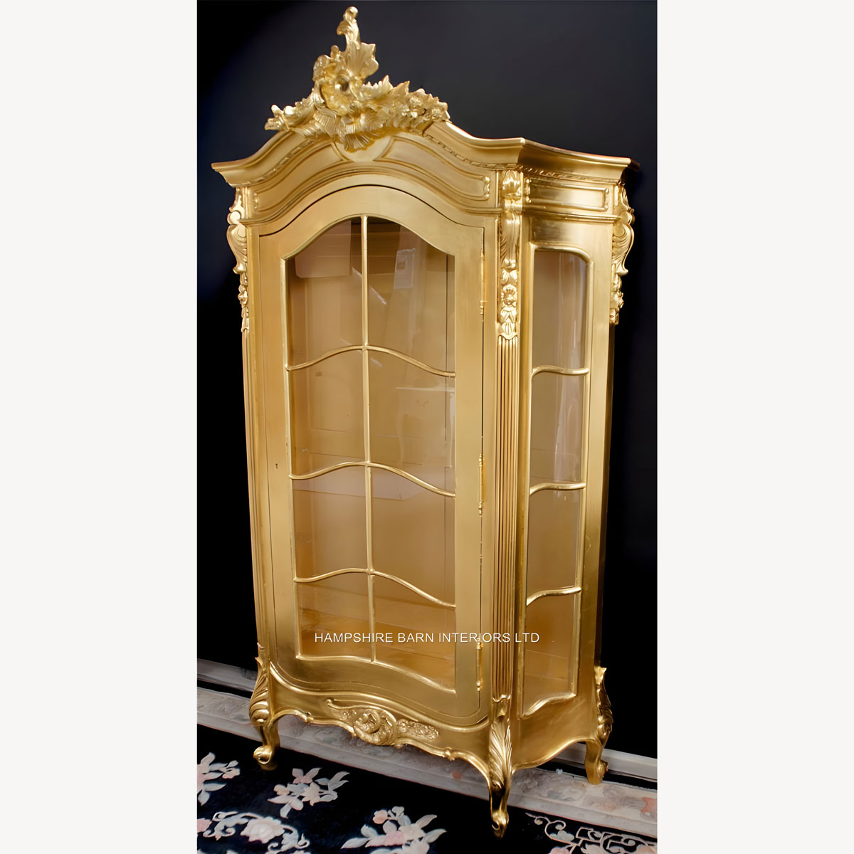 Ornate French Louis Style Carved Silver Leaf Display Cabinet Also In Antiqued Gold Leaf 8 - Hampshire Barn Interiors - Ornate French Louis Style Carved Silver Leaf Display Cabinet Also In Antiqued Gold Leaf -