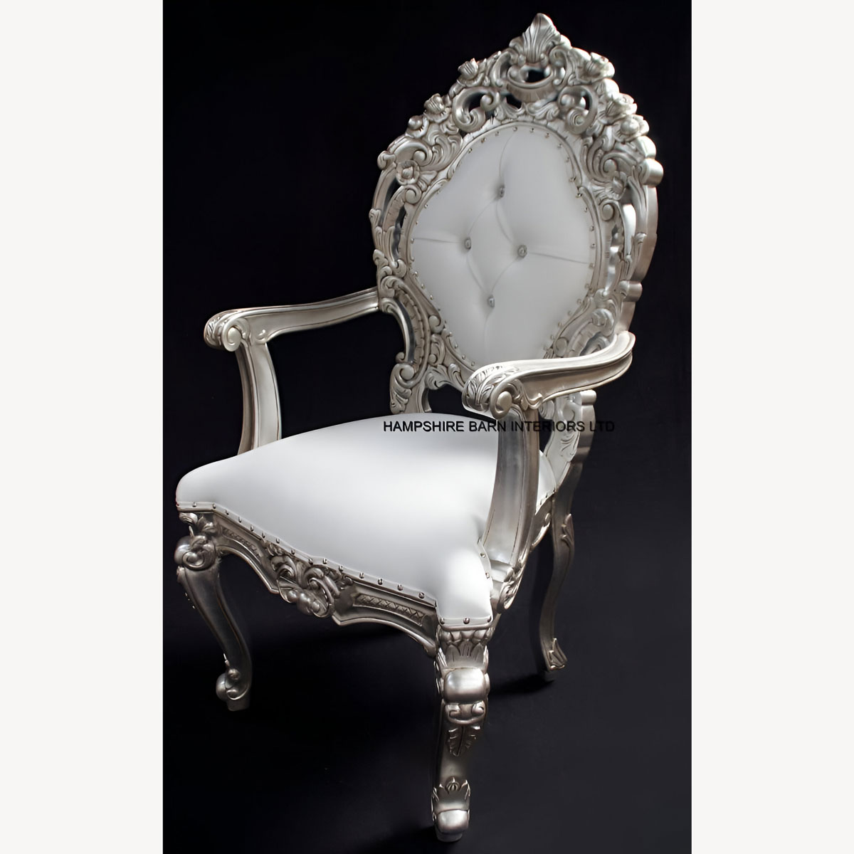 Ornate Royal Palace Throne Chair In Silver Leaf Frame And White Faux Leather With Crystal Buttons 1 - Hampshire Barn Interiors - Ornate Royal Palace Throne Chair In Silver Leaf Frame And White Faux Leather With Crystal Buttons -