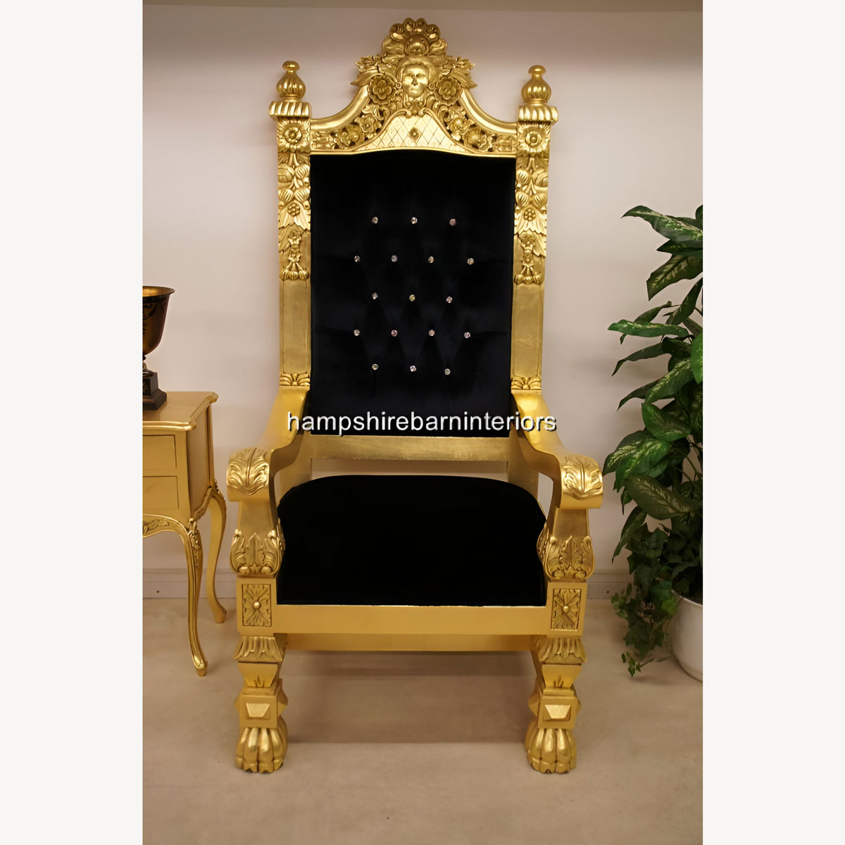 Queens Throne Chair Gold Leaf Black Velvet And Diamond Crystal Buttons 1 - Hampshire Barn Interiors - Queens Throne Chair Gold Leaf, Black Velvet And Diamond Crystal Buttons -