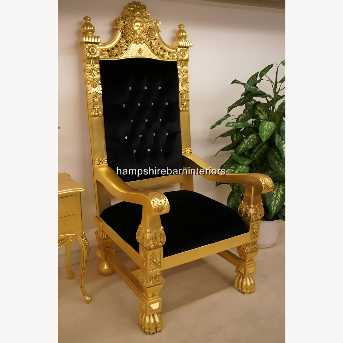 Queens Throne Chair Gold Leaf Black Velvet And Diamond Crystal Buttons 2 - Hampshire Barn Interiors - Queens Throne Chair Gold Leaf, Black Velvet And Diamond Crystal Buttons -